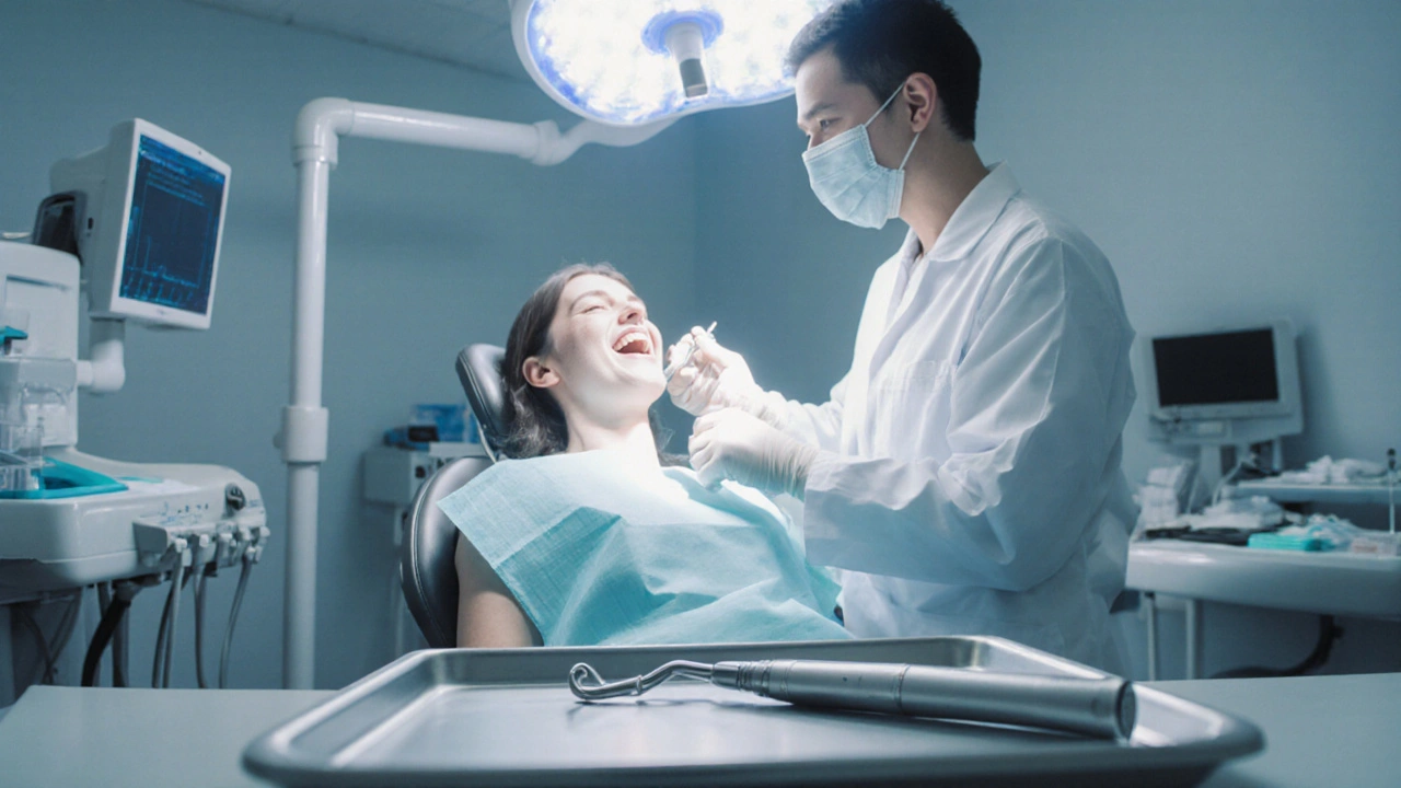 Dentista provádí ultrazvukové čištění a laserové bělení na pacientovi.