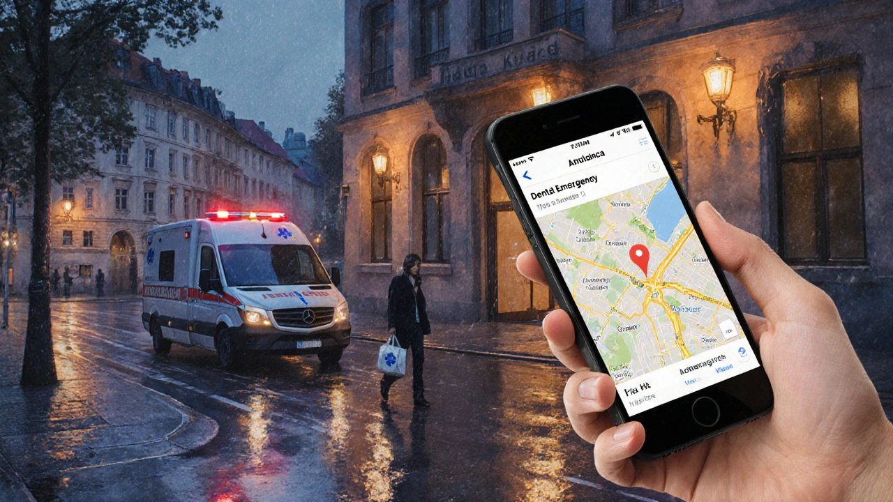 Pacient odchází z nemocnice večer, ambulance stojí vedle a v ruce má telefon s mapou.