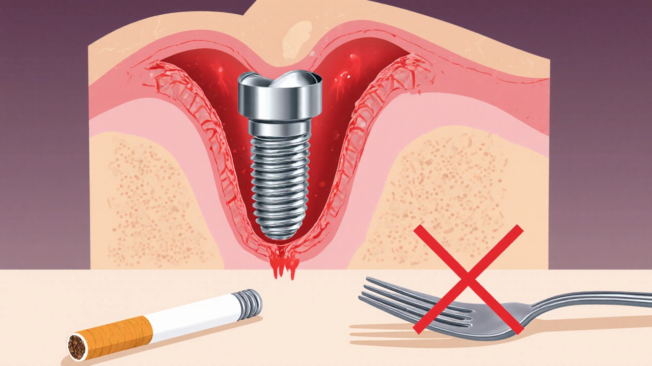 Průřez čelisti s titanovým implantátem, který se integruje do kosti, s vyloučením kouření a tvrdého jídla.