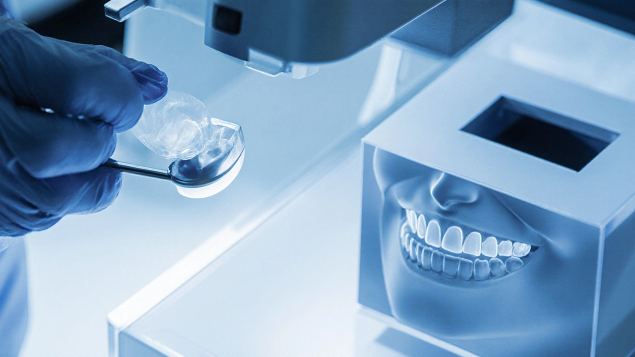 Technici v laboratoři vyrábějí keramické fazety pomocí 3D tisku.