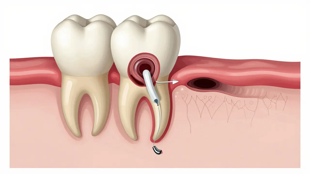 Cross-section of a tooth after root tip removal, showing sealed canal and regenerating bone.