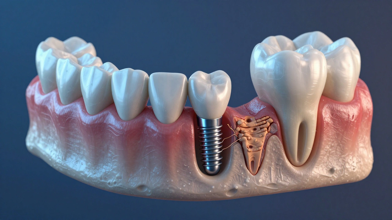Cross-section of jawbone with dental implant integrated into new bone growth.