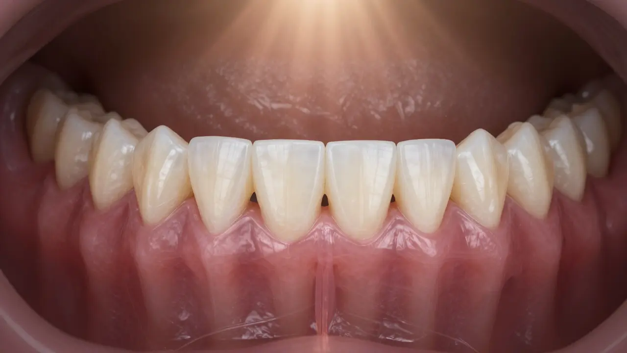 Dental bridge blending naturally with surrounding teeth, showing internal structure in transparent overlay.