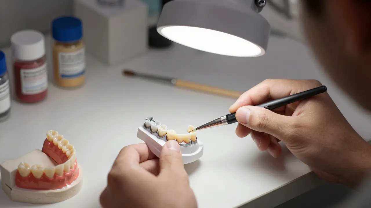 Dental technician layering ceramic onto a zirconia framework to create a natural-looking bridge.