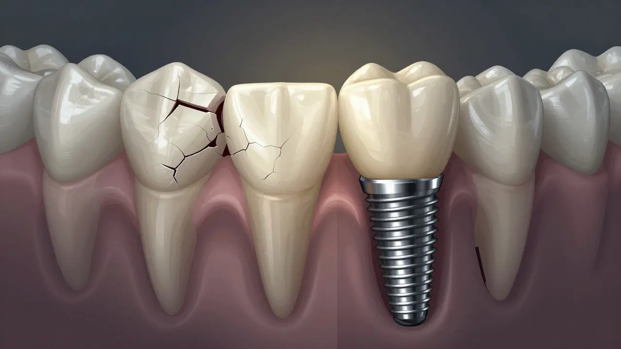Kontrast mezi poškozeným zubem po endodoncii a zdravým zubním implantátem v kosti.