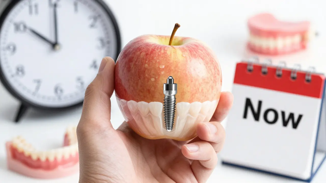 Ruka drží jablko, s přehledovým zobrazením implantátu v čelisti jako zdroje stability.