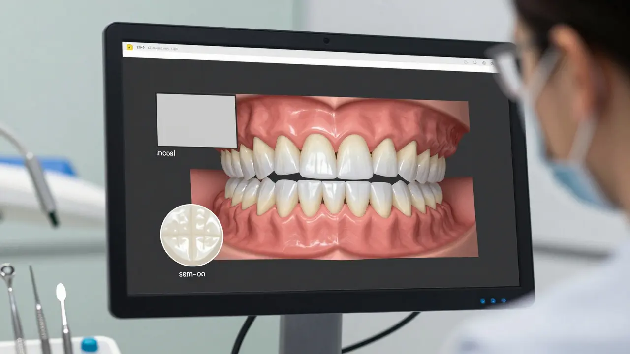 Stomatolog na počítači simuluje různé tvary fazet na digitálním modelu zubů.