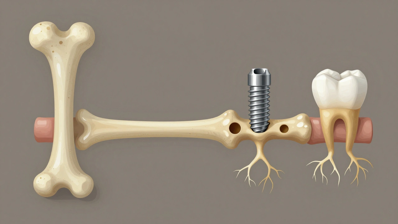 Timeline illustration showing stages of dental implant healing from extraction to crown.