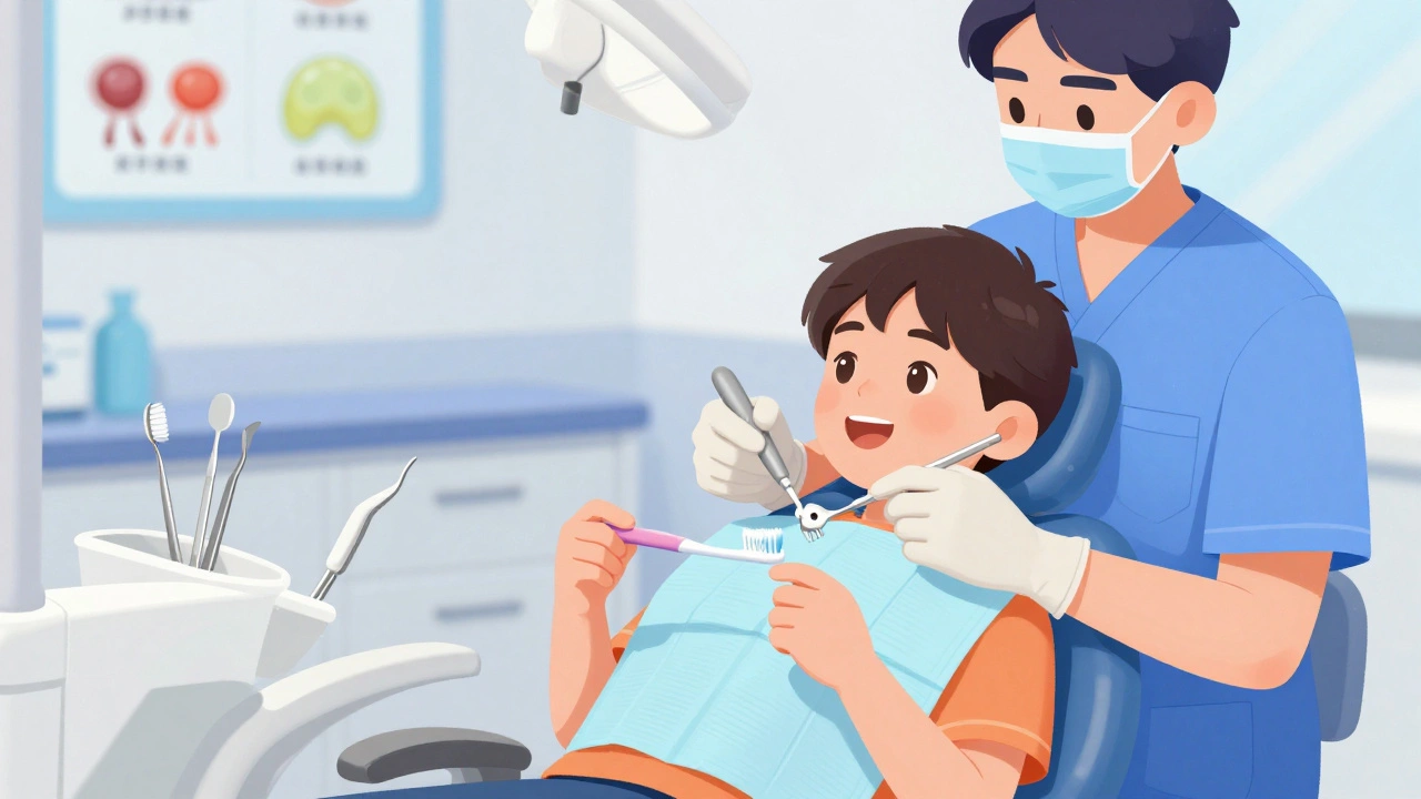 Zubní hygienistka čistí zuby dítěti v klinice, dítě se usmívá a drží dárek.