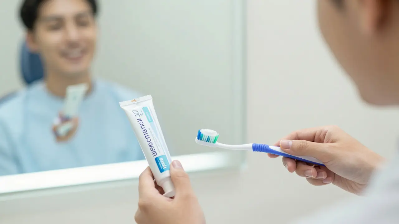 Zubní kartáček s fluoridovou pastou vedle odhozené bělící pasty, za nimiž se odráží zdravý úsměv.