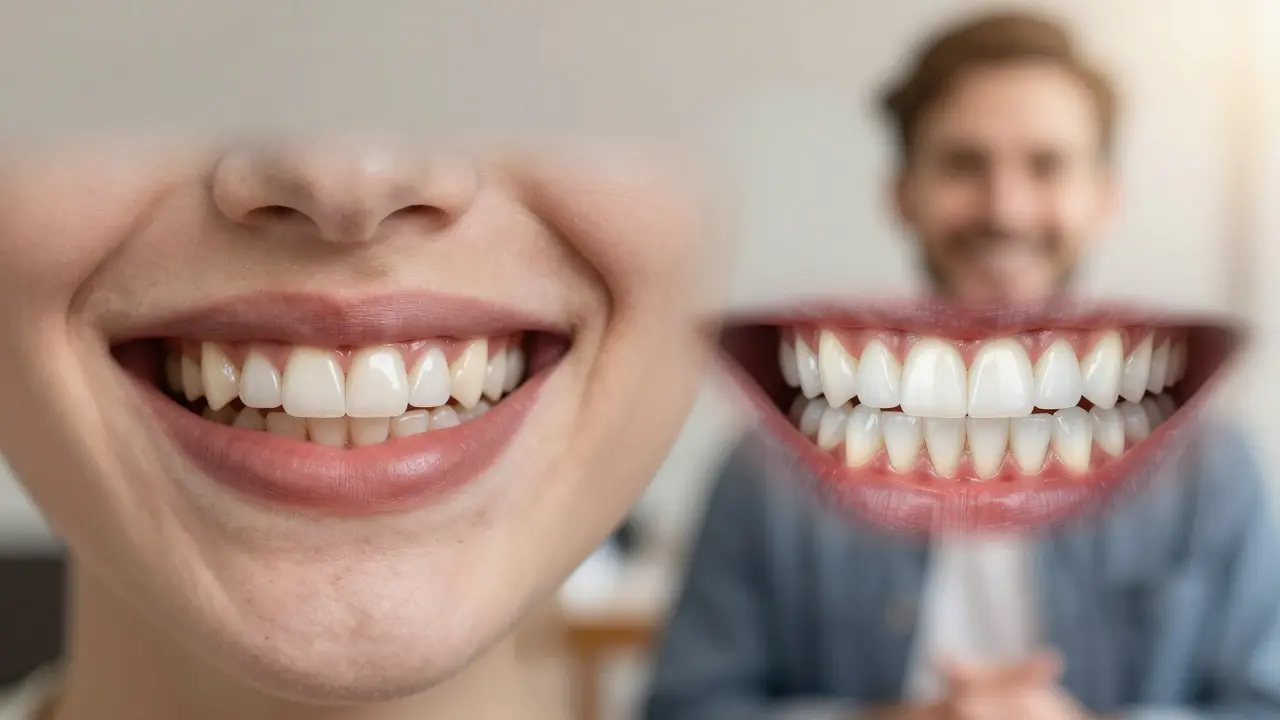 Before and after transformation of a smile with natural and enhanced teeth.