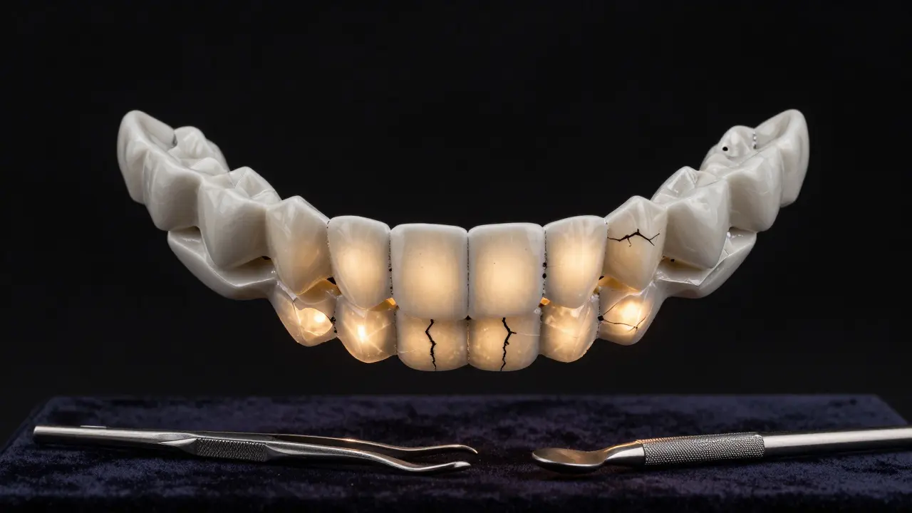 Ceramic veneers as translucent shards forming a radiant smile in mid-air.