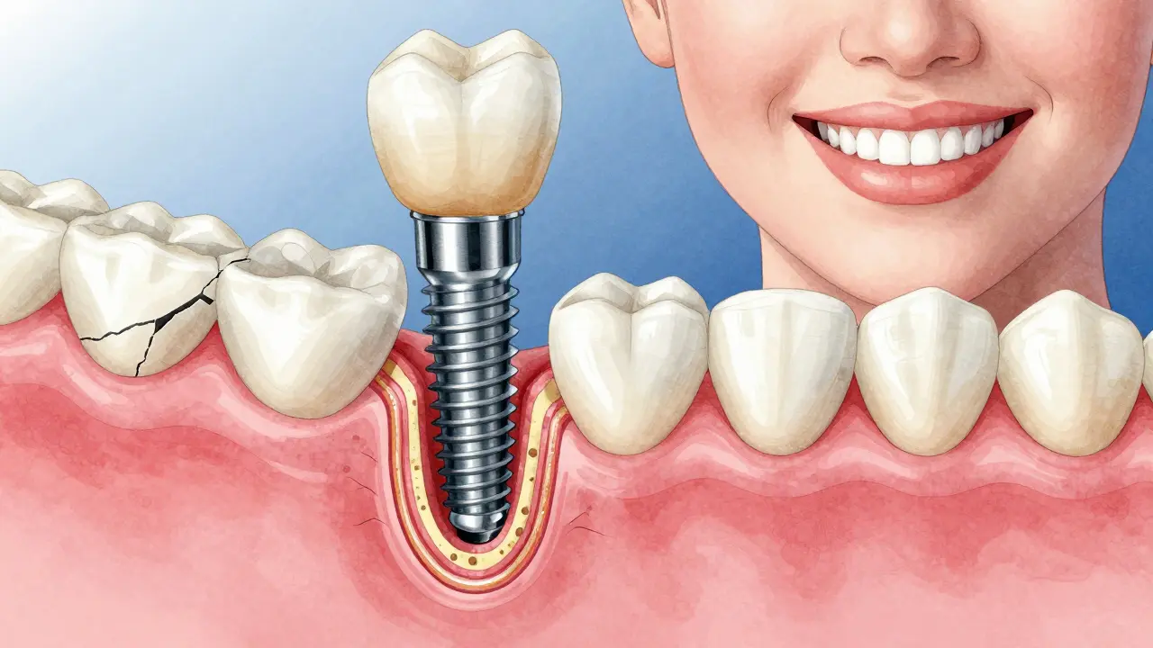 Křížový řez čelisti s implantátem a nově narůstající kostí, korunka vypadá jako přirozený zub.