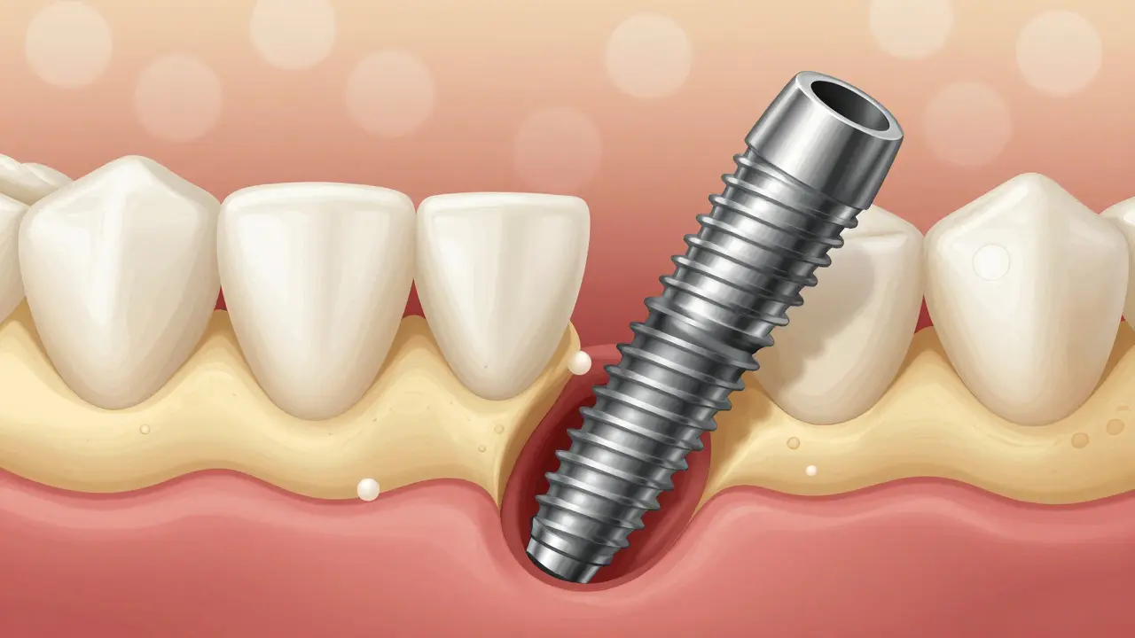Příčný řez čelistí s titanovým implantátem, kolem kterého rostou kostní buňky.