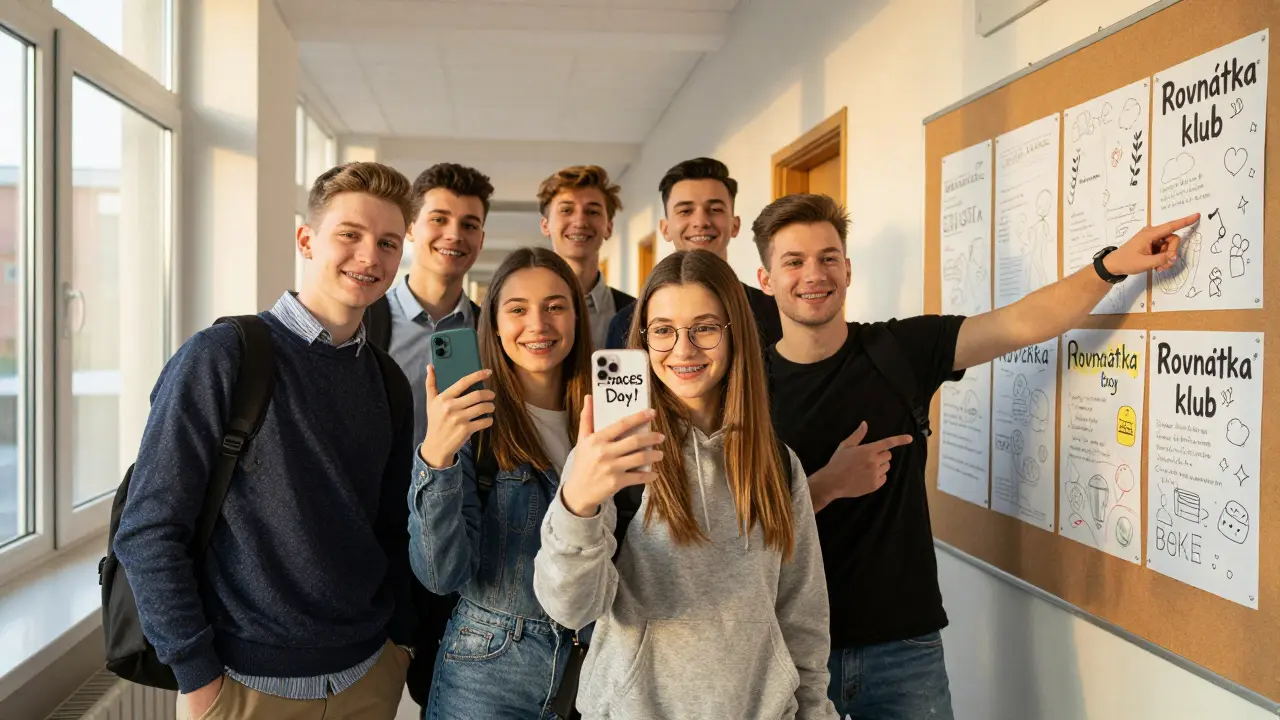 Skupina studentů se směje a ukazuje selfie s rovnátky na školním bulletinu.