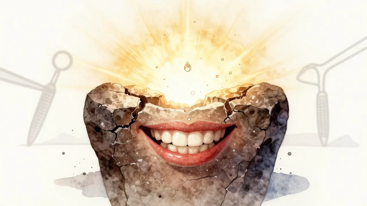 A radiant smile emerging from cracked tartar, with particles dissolving in light.