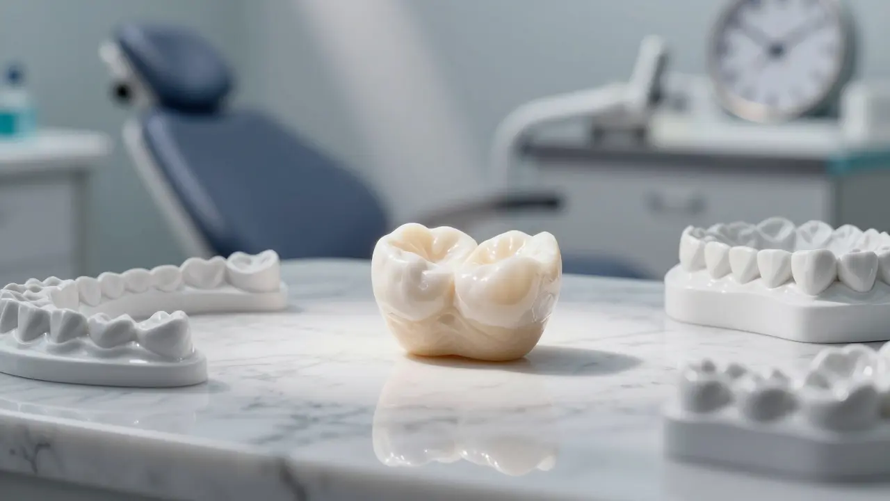 A single porcelain veneer on marble with light refracting through it, symbolizing durability and craftsmanship.
