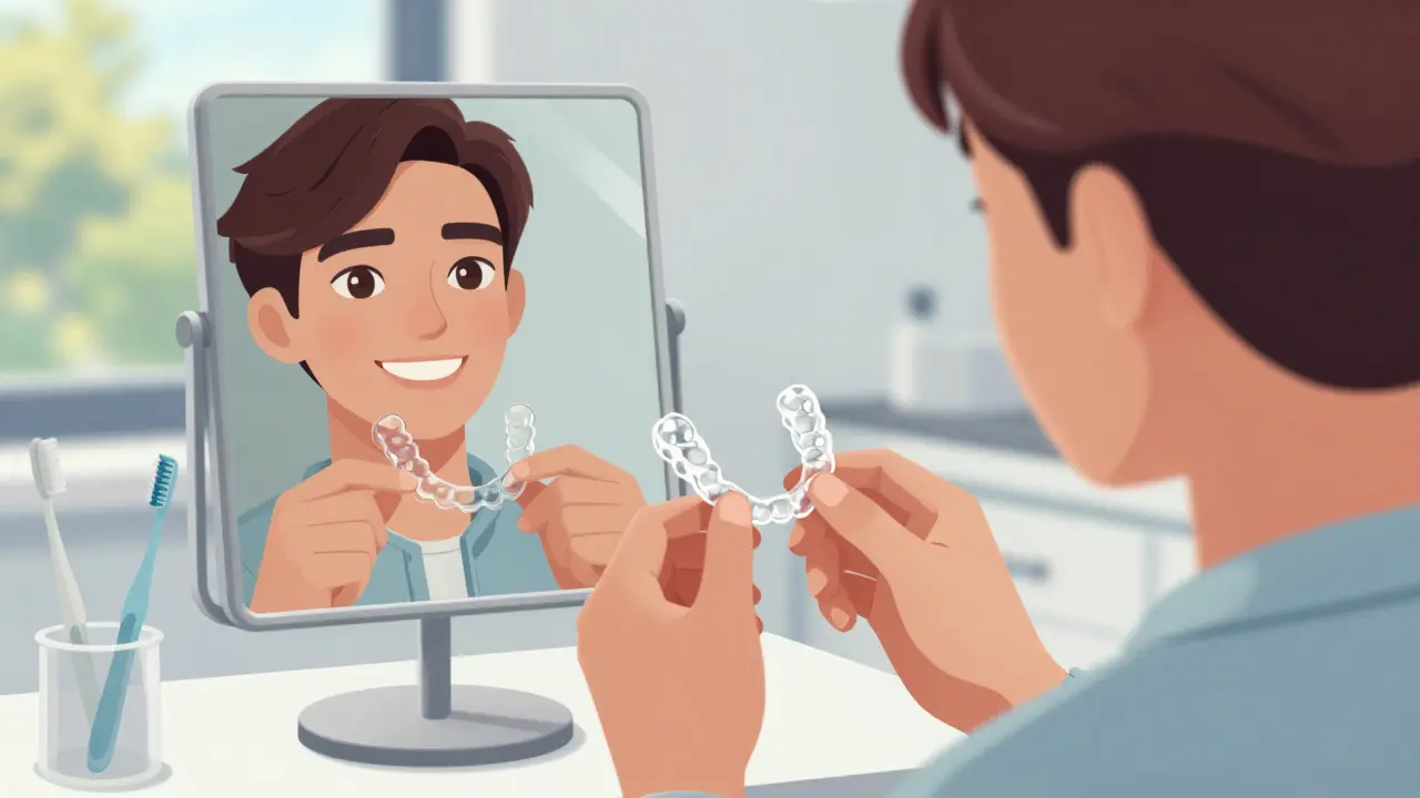Adult carefully inserting clear aligner in a dental clinic setting.