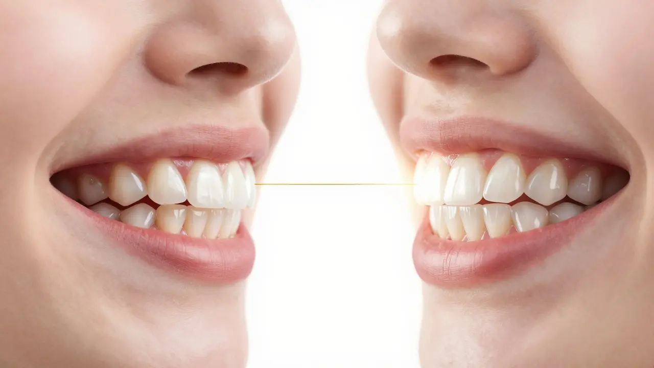 Before-and-after comparison of teeth with and without ceramic veneers.