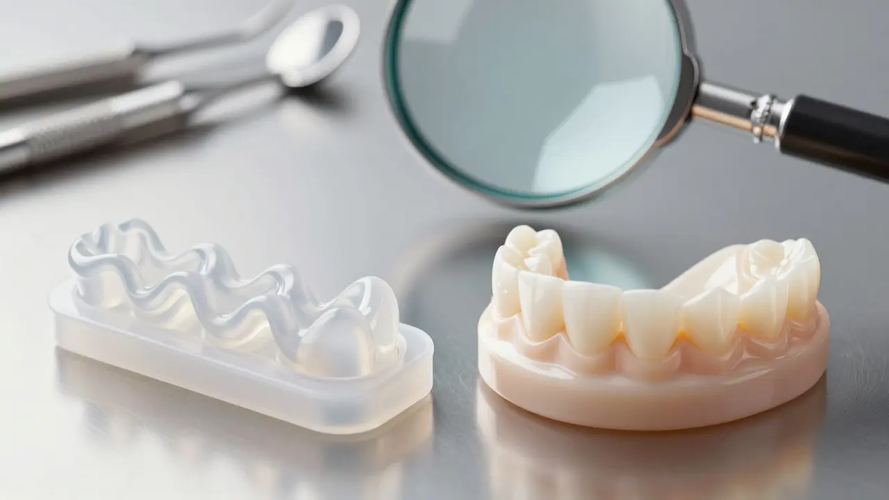 Close-up of alginate and silicone dental impressions showing fine tooth details.