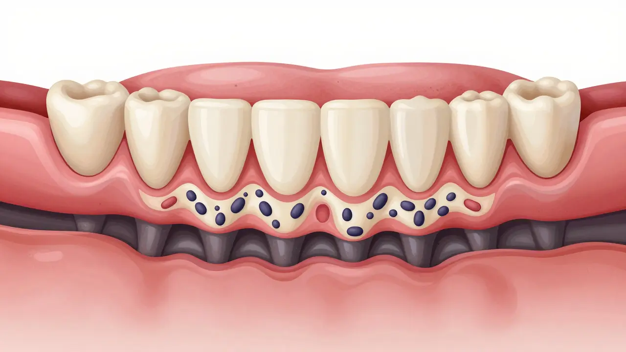 Cross-section of jaw showing plaque turning to calculus under gums and bone loss.