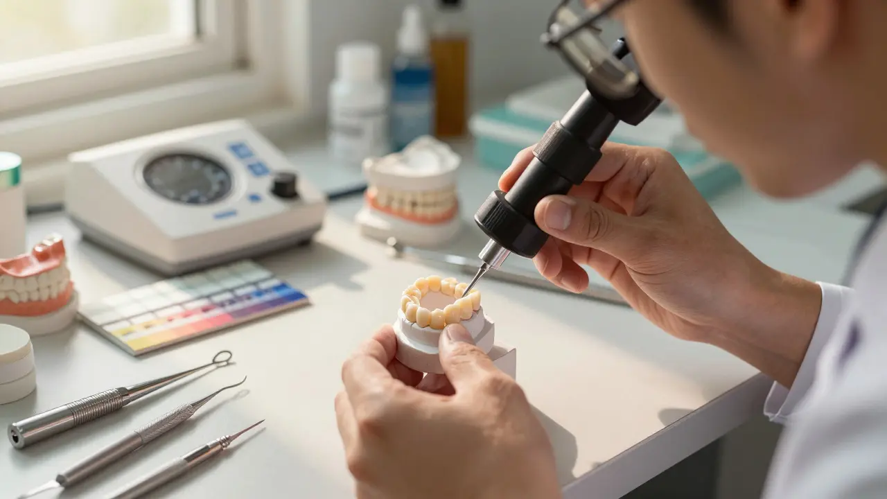 Dental technician examining a zirconia crown in a laboratory with precision tools.