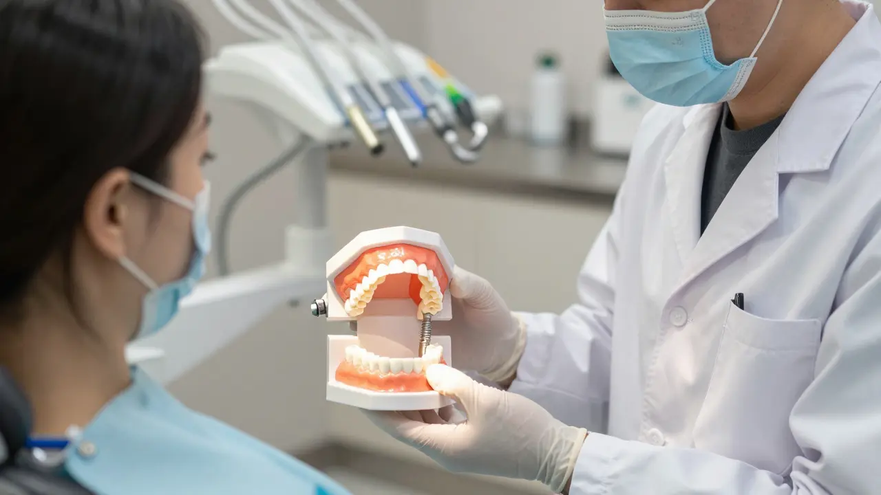 Dentista a pacient prohlížejí 3D model čelisti s implantáty
