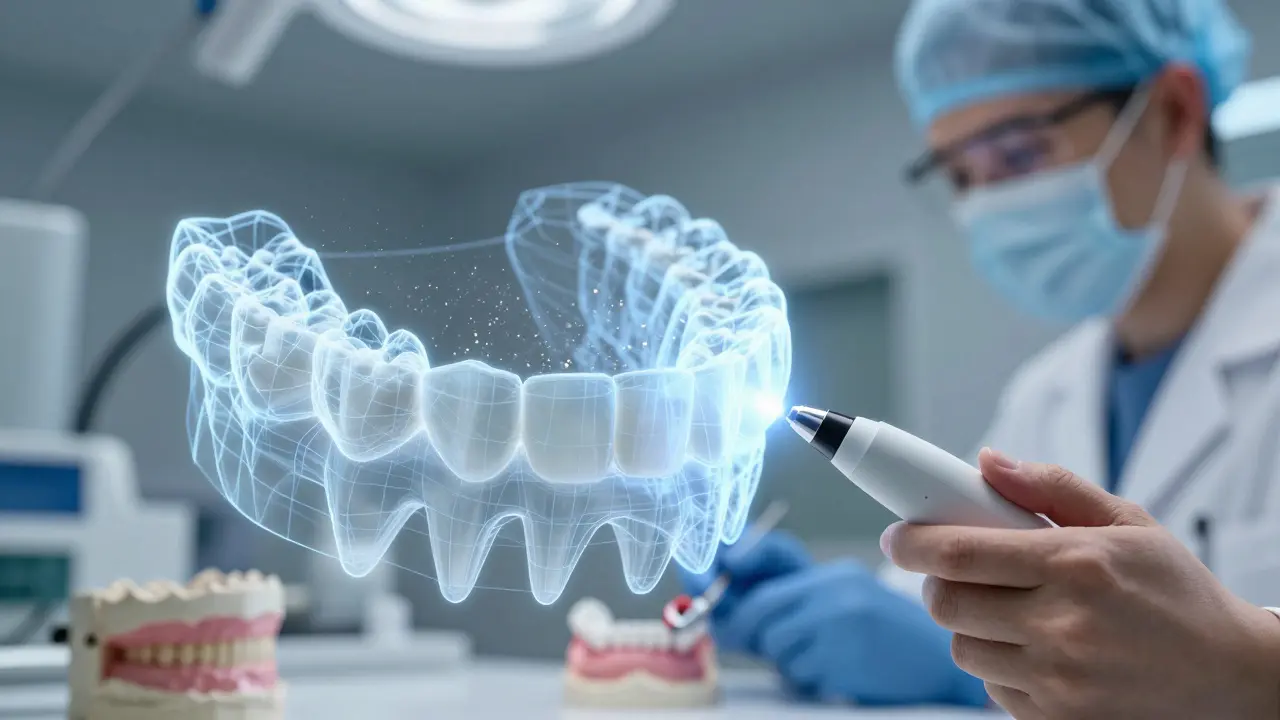 Digital 3D scan of teeth transitioning from traditional impression to modern scanning technology.