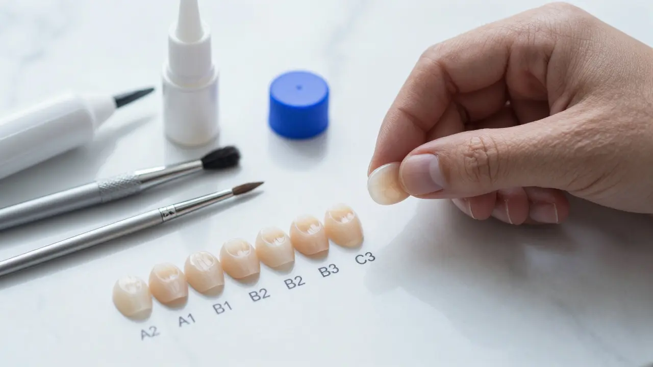 Hand holding a composite veneer next to color swatches and dental tools on a clean surface.