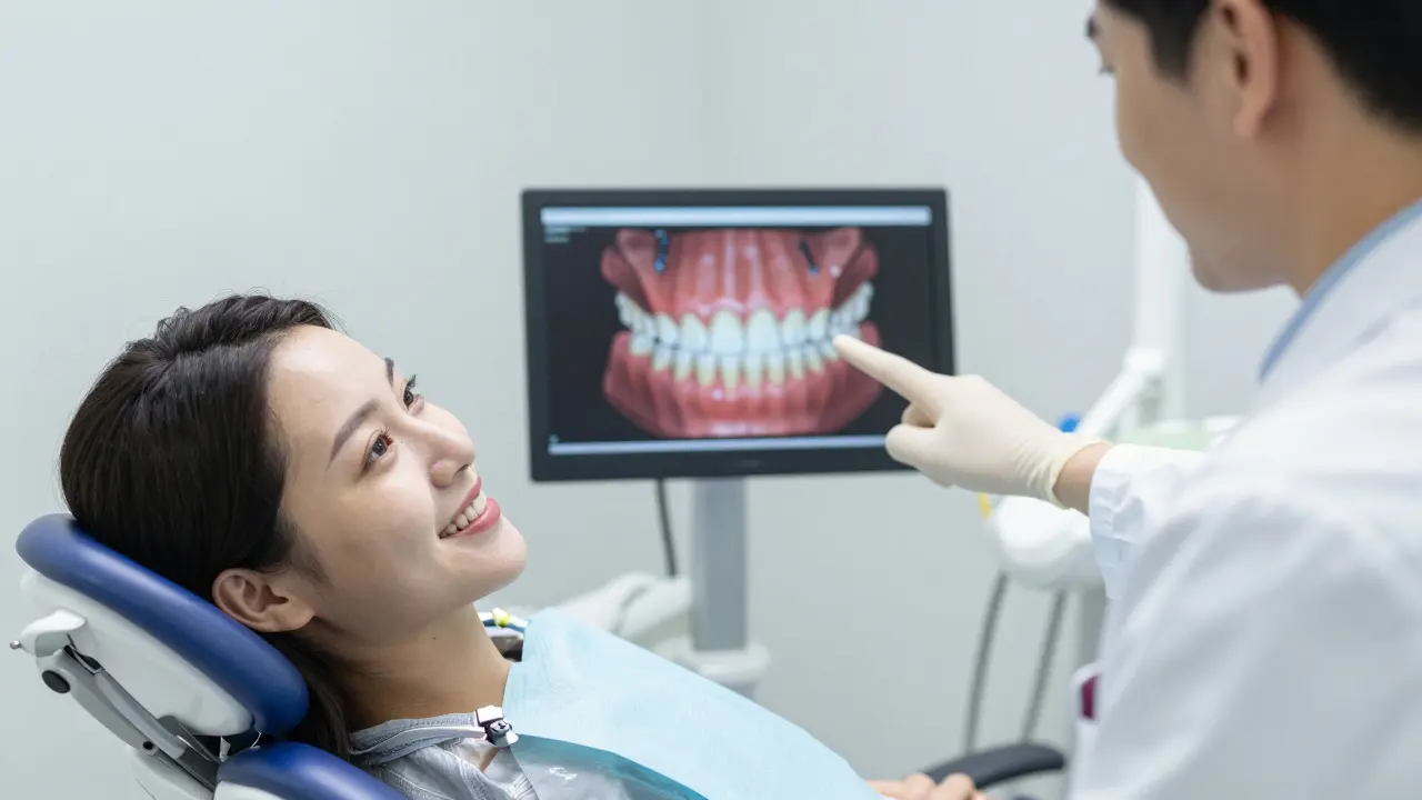 Pacient usmívá se během vysvětlení 3D plánu léčby dentistou