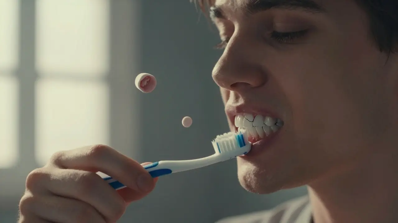 Person brushing teeth correctly while shadow of dental neglect looms behind.