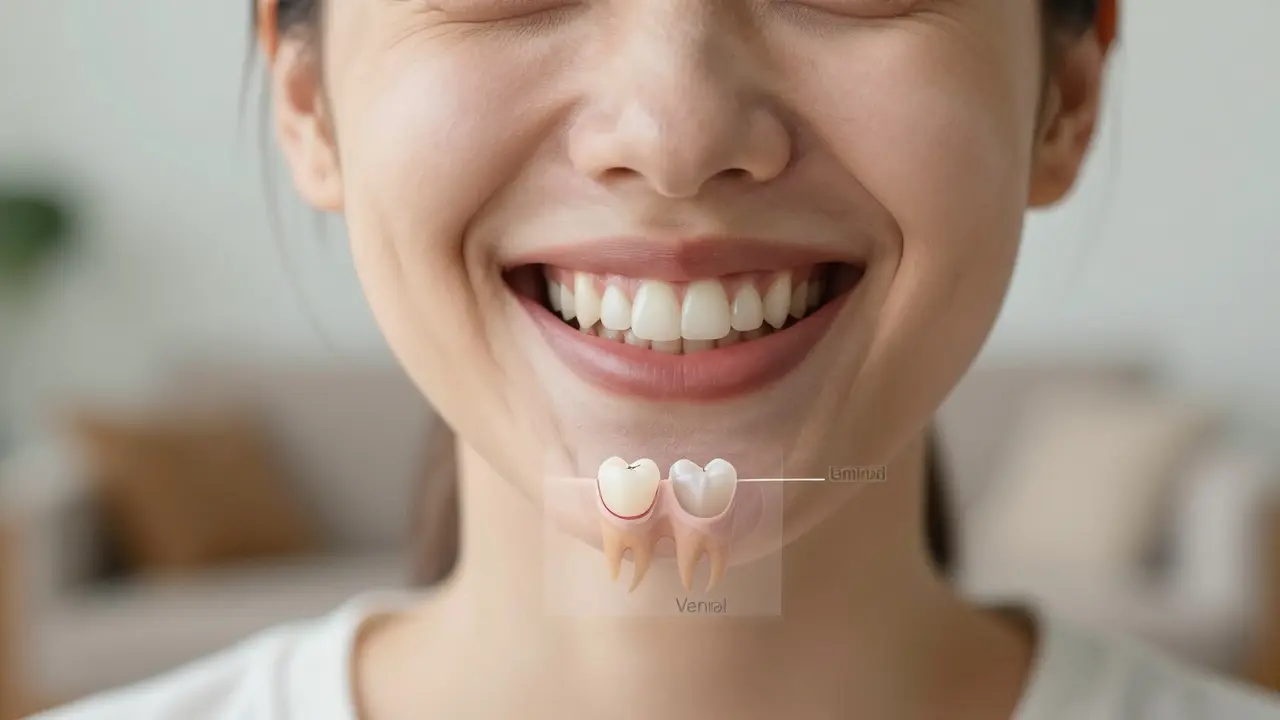 Person smiling confidently with a restored front tooth, showing hidden repair layers.