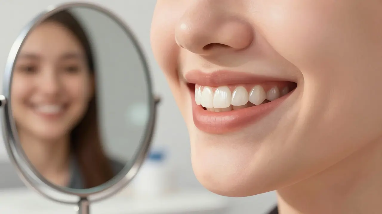 Person smiling with natural-looking ceramic veneers on upper front teeth.