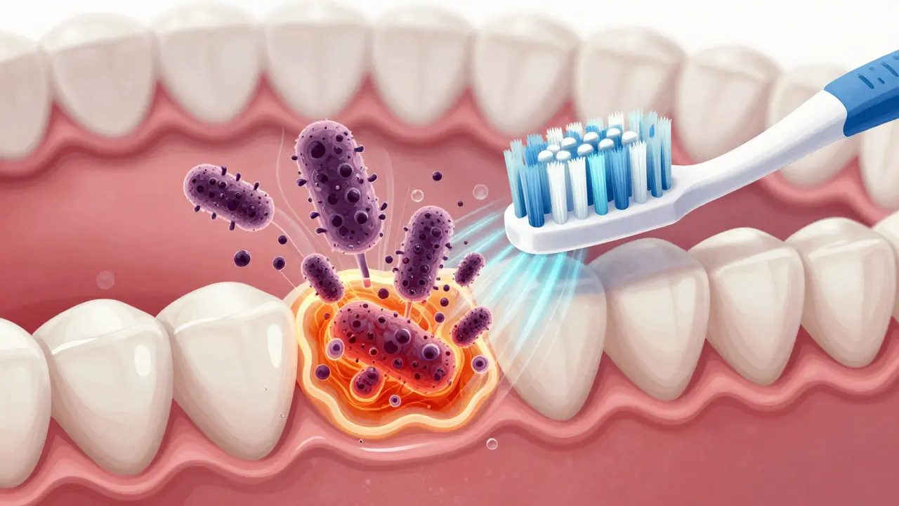 Příčný řez ústní dutiny, sonické vibrace odstraňují biofilm a bakterie z povrchu zubů.