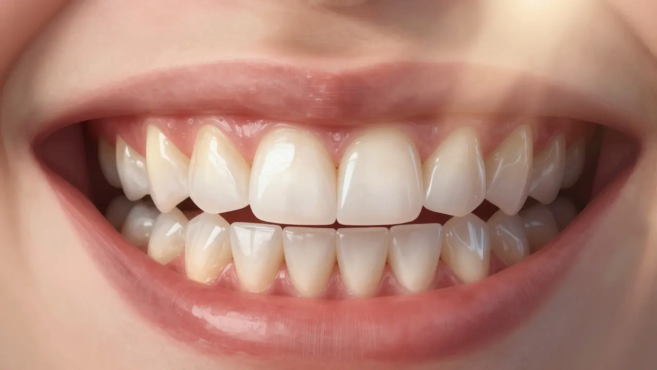 Side-by-side comparison of a natural tooth and a restored composite veneer with natural light glow.