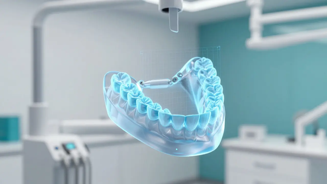 3D holografický model čelistí znázornující moderní digitální skenování zubů.