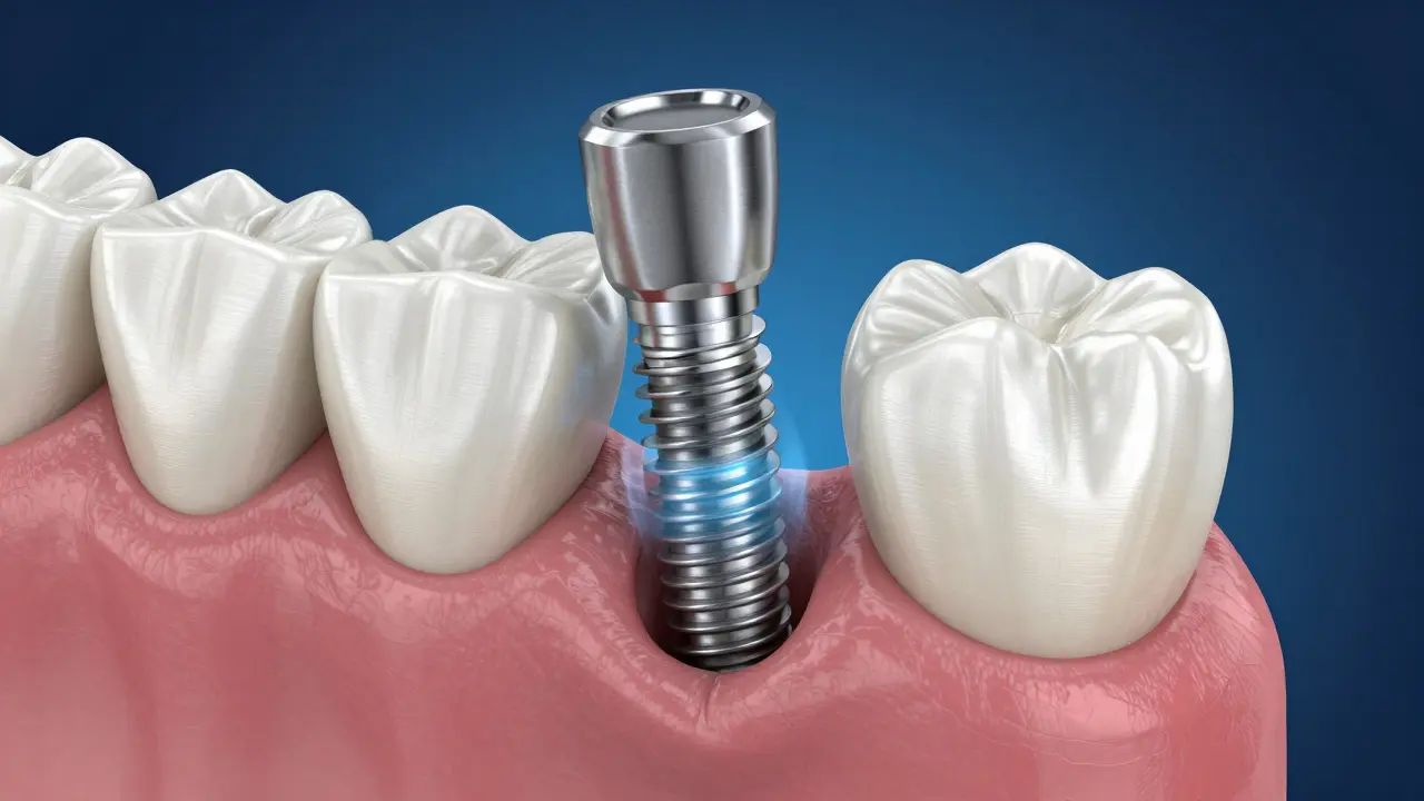 3D ilustrace procesu osteointegrace titanového implantátu v čelistní kosti.