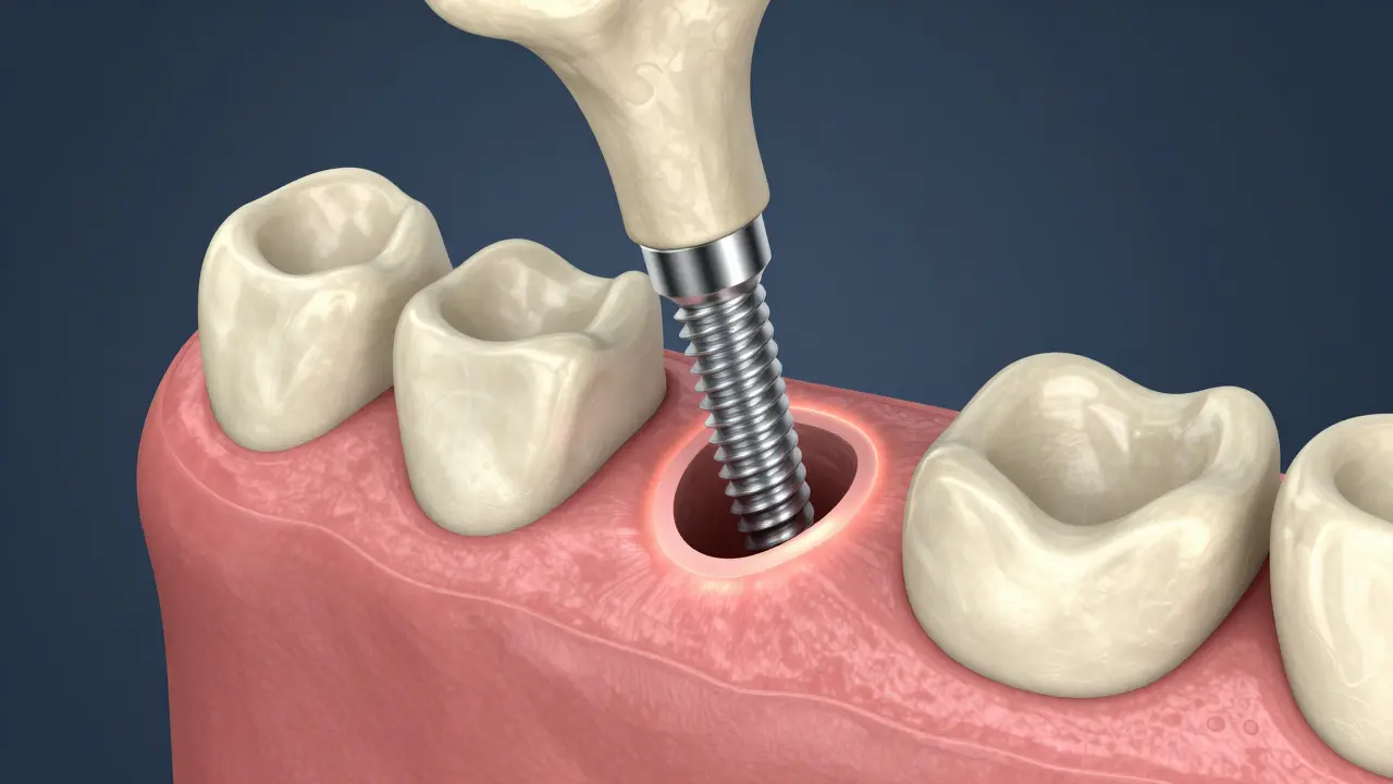 3D ilustrace zubního implantátu zasazeného v čelistní kosti během procesu hojení.