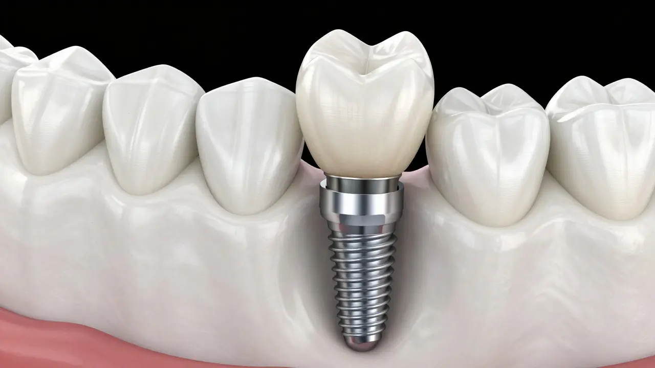3D render zubního implantátu s titanovým šroubem a keramickou korunkou.