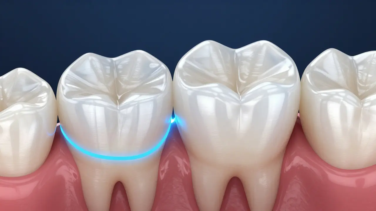3D vizualizace keramické onlay na zubu s vyznačeným spojem s přirozenou tkání.