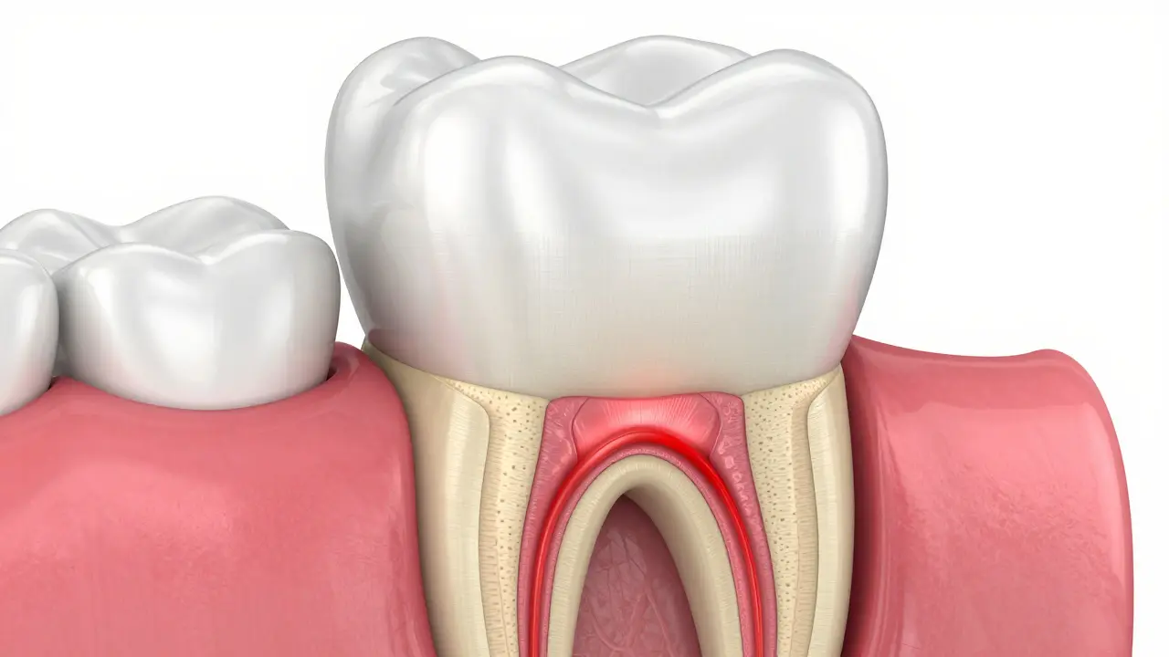 Anatomický průřez zubu znázornující sklovinu, dentin a citlivý nerv