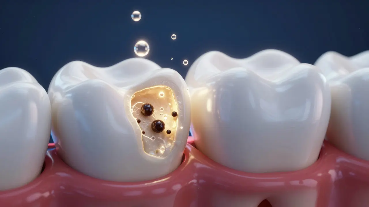 Konceptuální 3D zobrazení působení bělicího gelu v zubní sklovině.