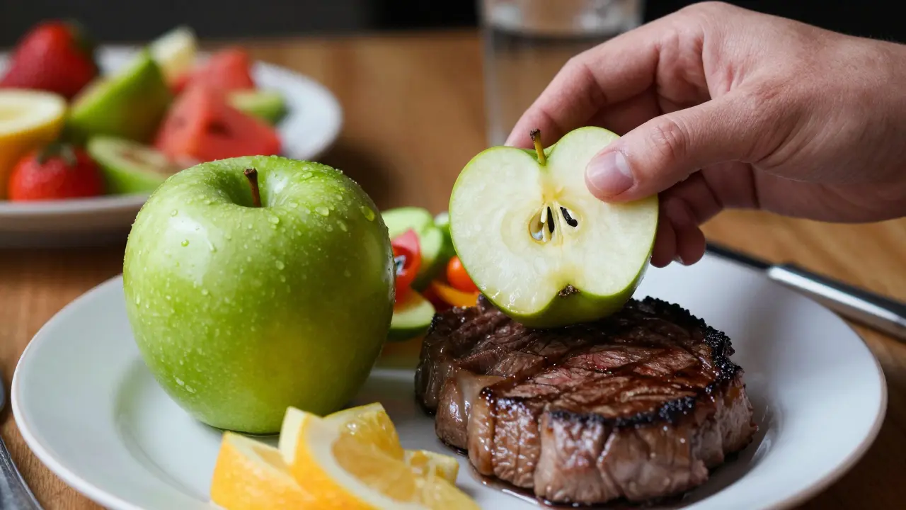 Křupavé jablko a steak na talíři symbolizující návrat k oblíbenému jídlu.