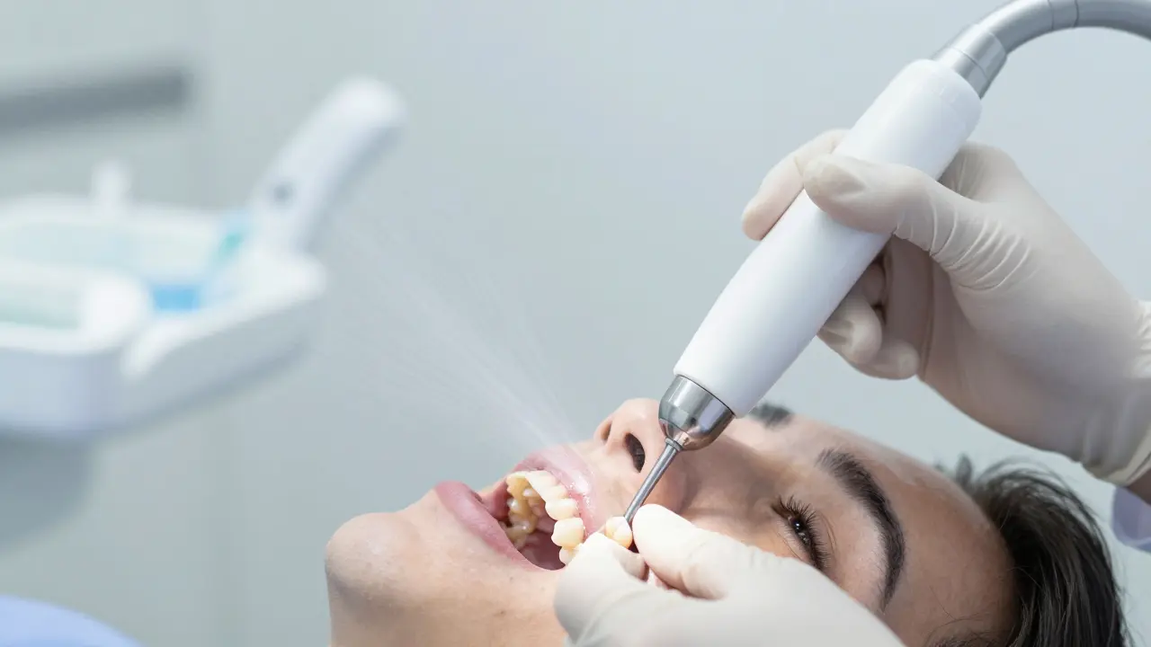 Zubní hygienistka používá ultrazvukové čištění k odstranění kamene.