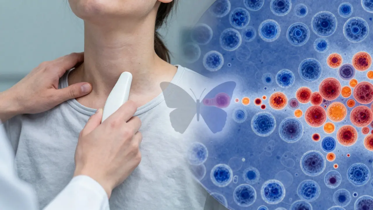 Koncept diagnostiky rakoviny štítné žlázy s ultrazvukem a buňkami.