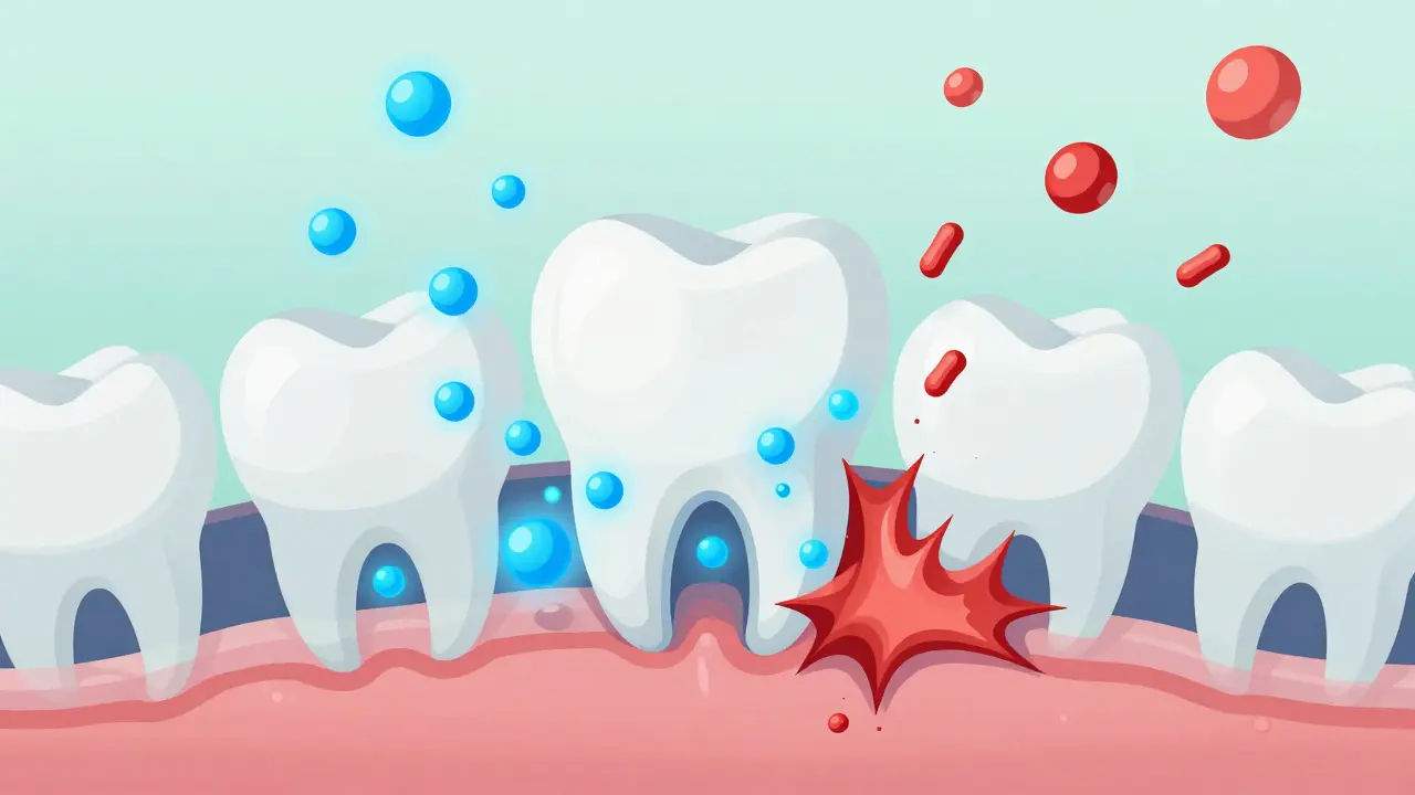 Konceptuální ilustrace fluoridu posilujícího zubní sklovinu