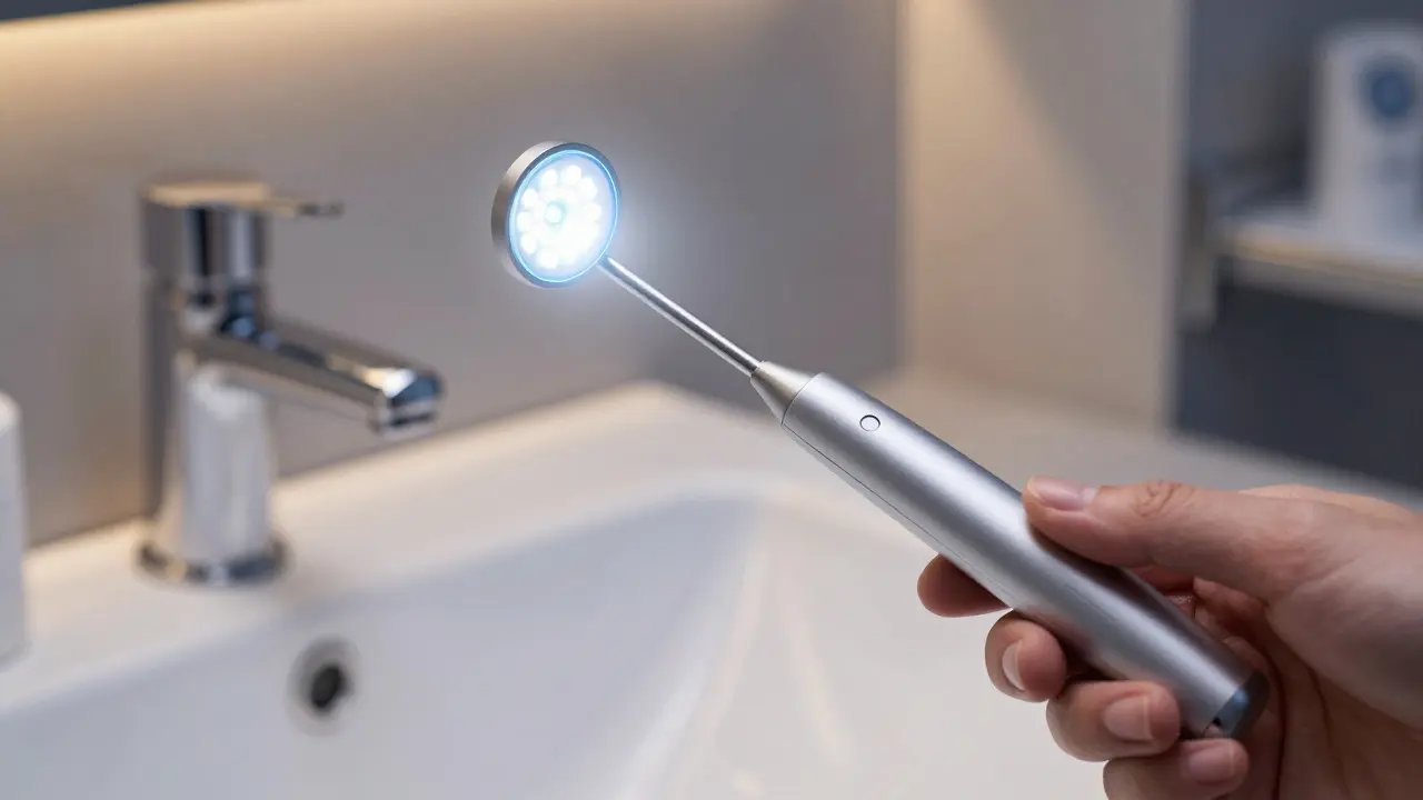 Moderní dentální zrcátko s LED světlem pro detailní kontrolu ústní dutiny.