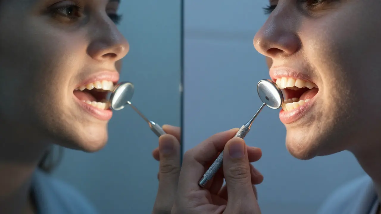 Porovnání viditelnosti zubů s běžným zrcadlem a s dentálním zrcátkem.