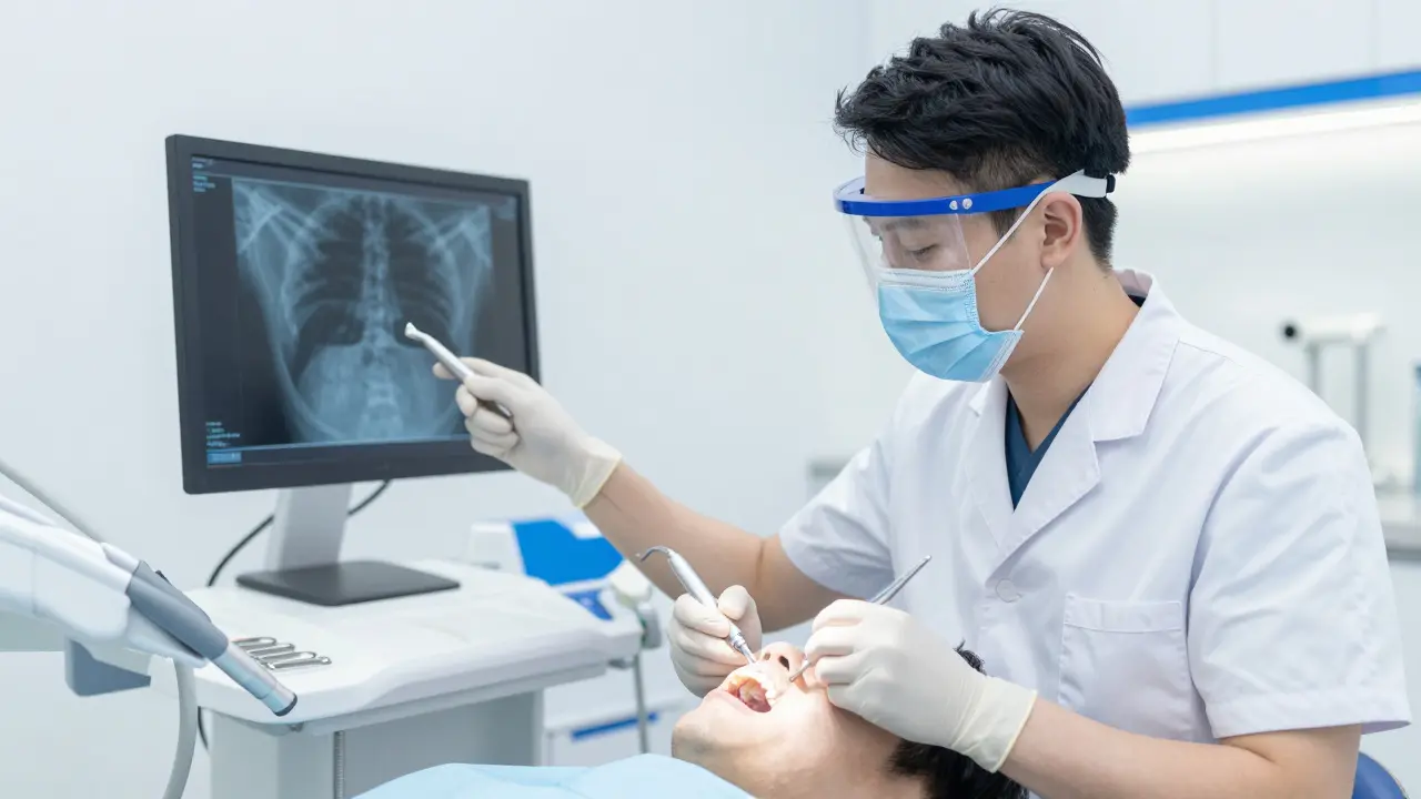 Stomatolog vyšetřuje pacienta v moderní ordinaci