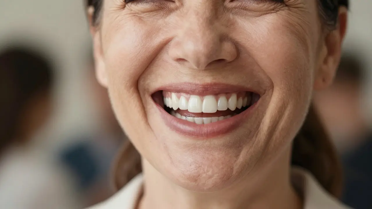 Žena se sebevědomým úsměvem, ukazující perfektní zubní implantáty